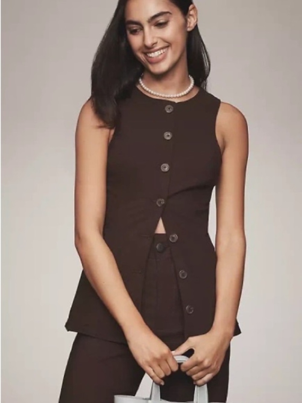 Maeve Brown Button-Front Vest Top Size Small